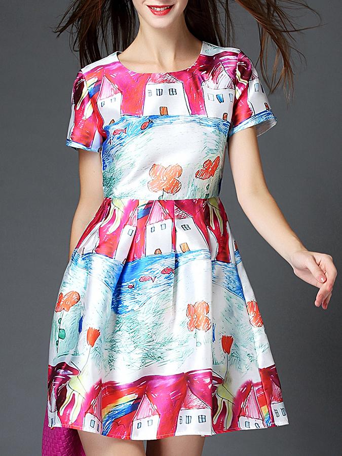 Romwe Multicolor Round Neck Short Sleeve Cartoon Print Dress