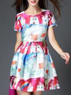 Romwe Multicolor Round Neck Short Sleeve Cartoon Print Dress