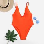 Romwe Neon Orange Low Back Plunge One Piece Swimwear
