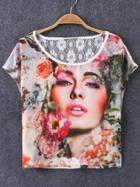 Romwe Multicolor Lace Splicing Beauty Print T-shirt