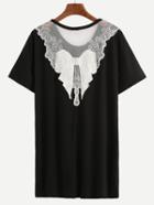 Romwe Embroidered Mesh Insert Black Tee Dress