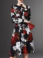 Romwe Black Rose Print Elastic-waist A-line Dress
