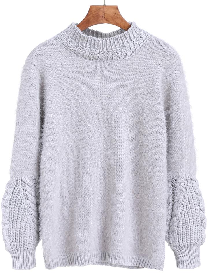 Romwe High Neck Fuzzy Grey Sweater