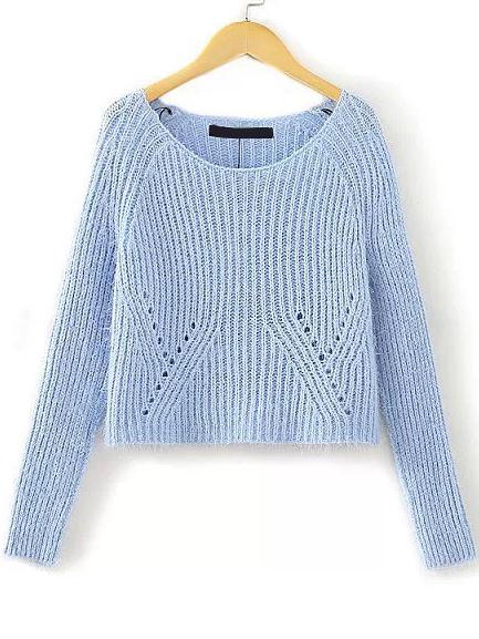 Romwe Round Neck Hollow Crop Blue Sweater