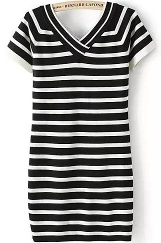 Romwe V Neck Striped Black Dress
