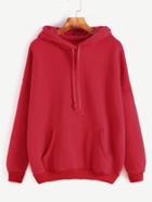 Romwe Red Drop Shoulder Drawstring Hooded Pocket Sweatshirt