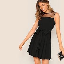 Romwe Star Mesh Yoke Self Tie Flare Dress