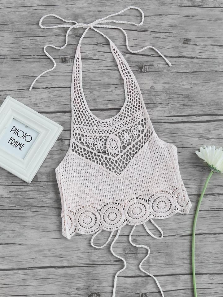 Romwe Halter Neck Self Tie Open Back Crochet Top