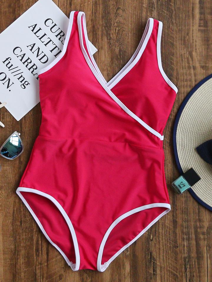 Romwe Red Contrast Trim V Neck One-piece Swimwear