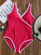 Romwe Red Contrast Trim V Neck One-piece Swimwear