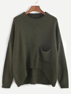 Romwe Army Green Drop Shoulder High Low Pocket Sweater