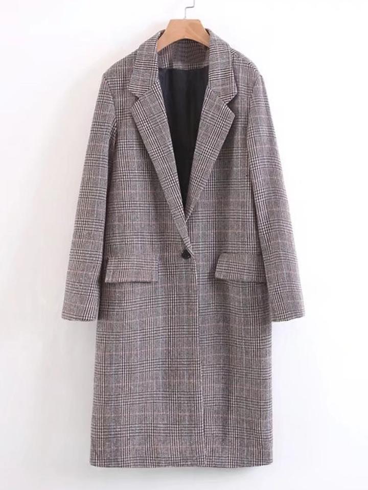 Romwe Single Button Longline Plaid Blazer