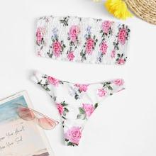 Romwe Floral Smocked Bandeau With Cheeky Bikini Set