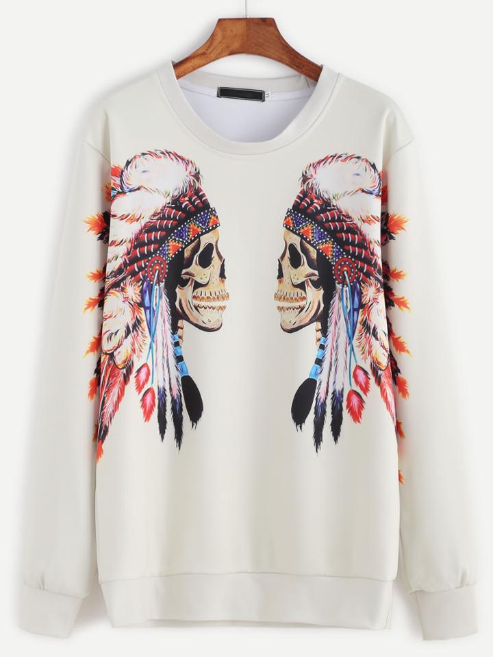 Romwe Beige Tribal Print Sweatshirt