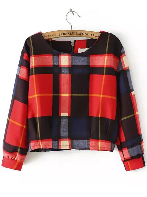 Romwe Round Neck Plaid Zipper Red Blouse