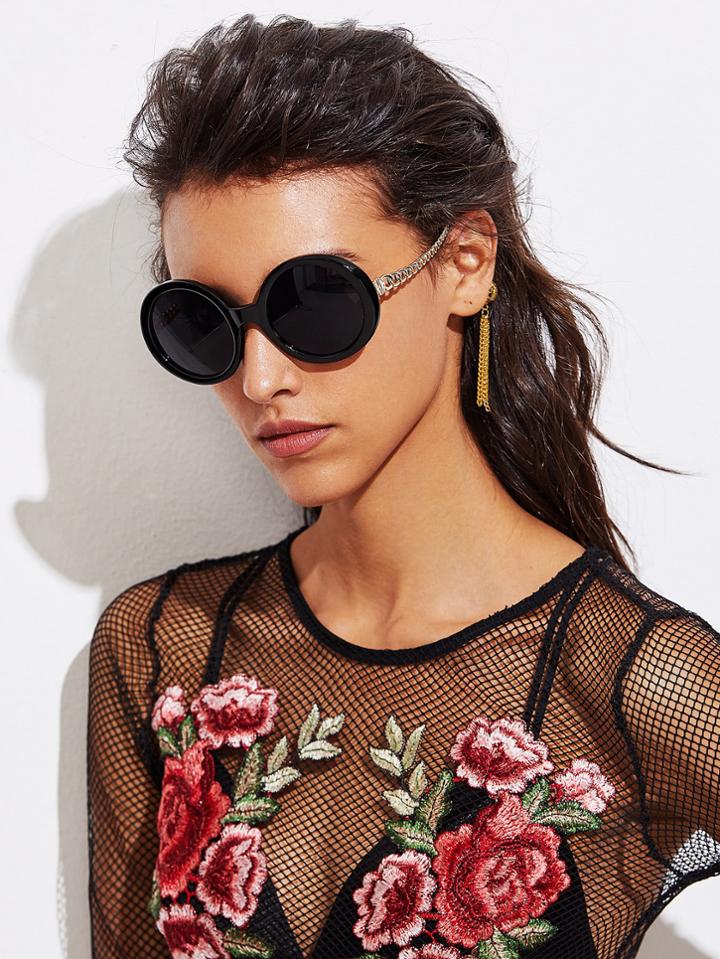 Romwe Round Lens Chain Temple Sunglasses