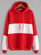 Romwe Red Contrast Drawstring Hooded Pocket Sweatshirt