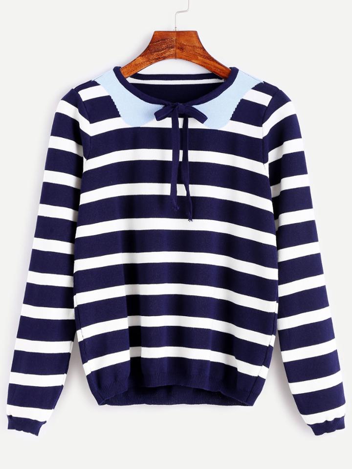 Romwe Striped Tie Neck Knit Sweater