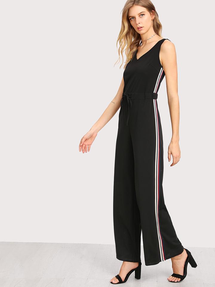 Romwe Striped Side Drawstring Waist Palazzo Jumpsuit