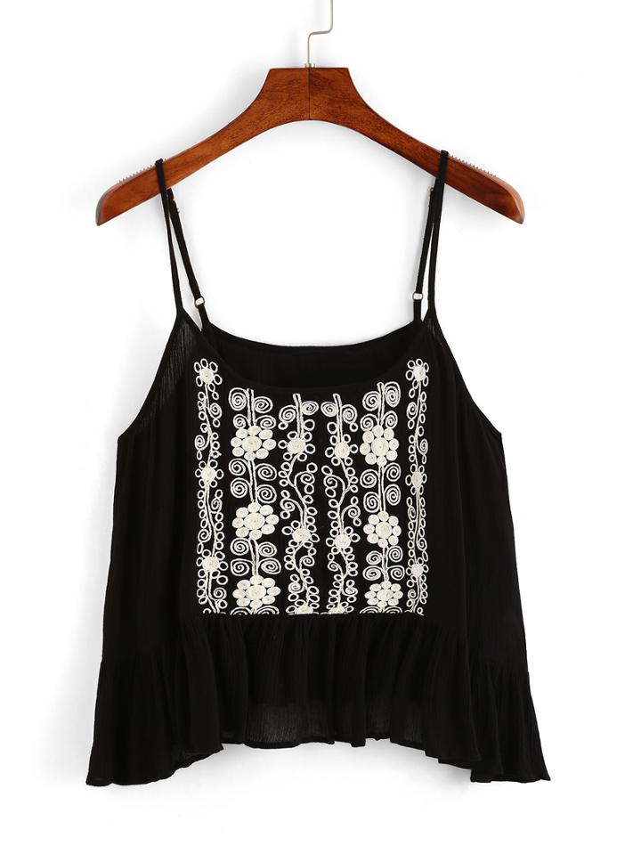 Romwe Flower Embroidered Ruffled Hem Cami Top - Black