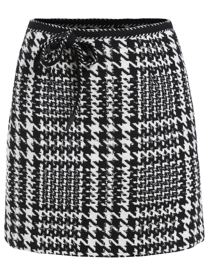 Romwe Houndstooth Bow Skinny Skirt