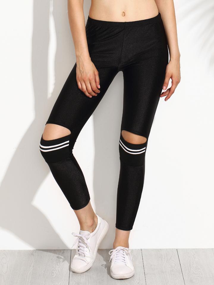 Romwe Black Striped Knee Ripped Leggings