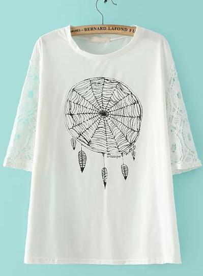 Romwe Contrast Lace Sleeve Spiderweb Print T-shirt