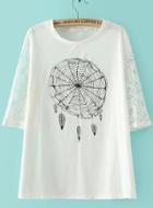 Romwe Contrast Lace Sleeve Spiderweb Print T-shirt