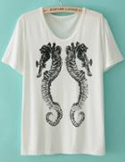 Romwe Hippocampus Print Loose White T-shirt