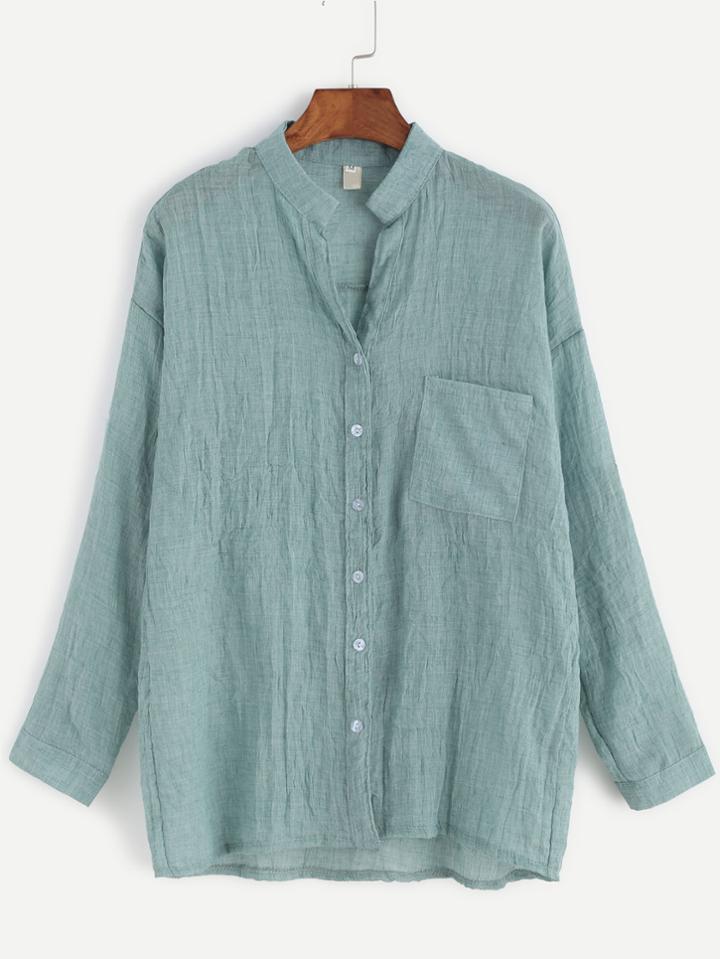 Romwe Light Green Band Collar Drop Shoulder Pocket Blouse