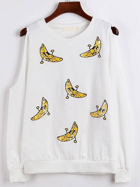 Romwe Open Shoulder Banana Embroidered Sequined Sweatshirt