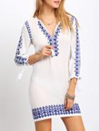 Romwe White Deep V Neck Vintage Print Dress