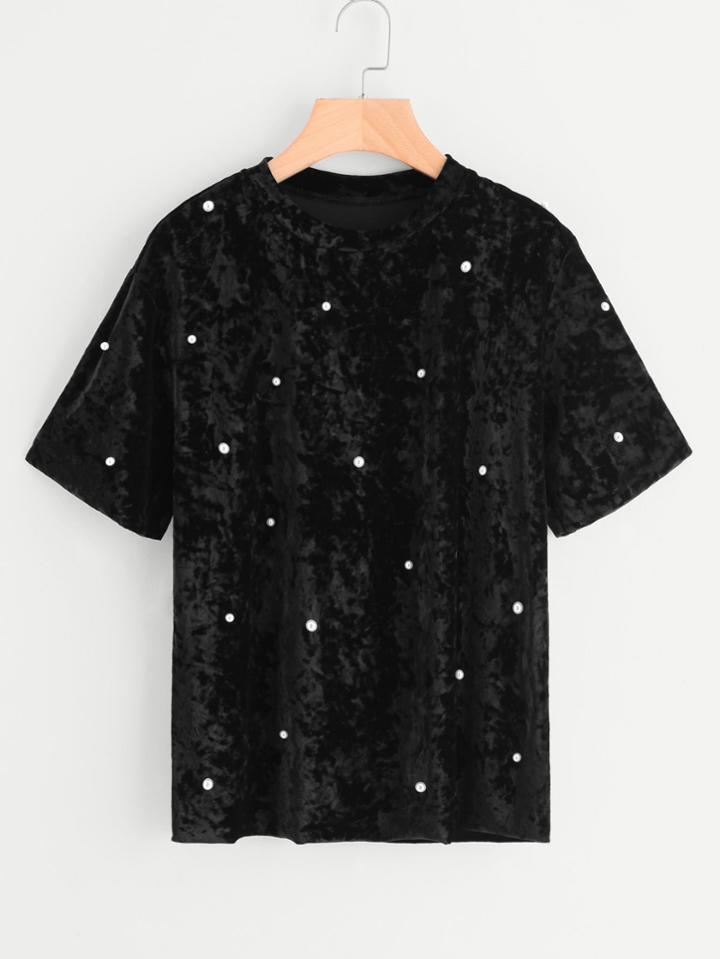 Romwe Pearl Beading Crushed Velvet Tee