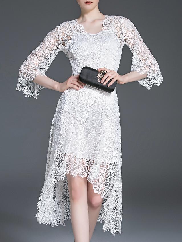 Romwe White V Neck Crochet Hollow Out High Low Dress