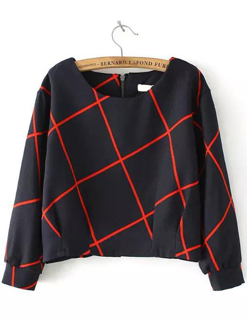 Romwe Round Neck Plaid Zipper Navy Blouse
