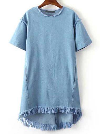 Romwe Blue Crew Neck Tassel Denim Dress
