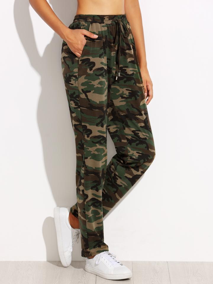 Romwe Olive Green Camo Print Drawstring Jersey Pants