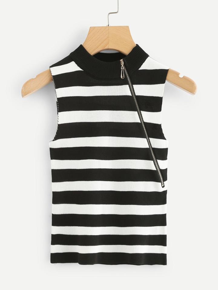 Romwe Surplice Zip Striped Knit Top