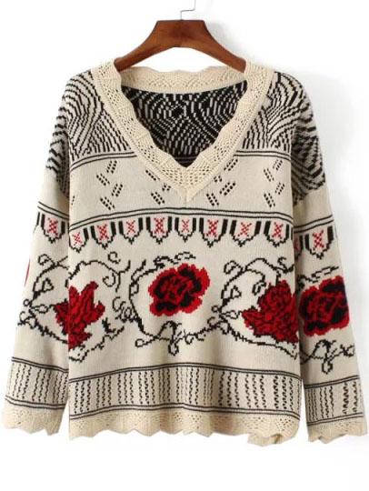 Romwe Beige Flower Pattern V Neck Sweater