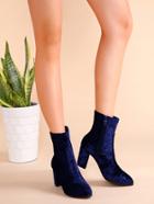 Romwe Navy Velvet Point Toe Side Zipper Booties