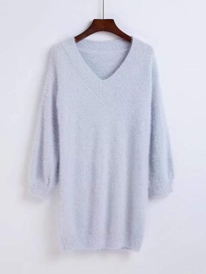 Romwe V Neckline Fuzzy Longline Sweater