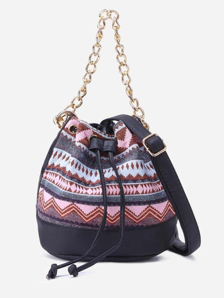 Romwe Pink Tribal Print Drawstring Bucket Bag