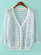 Romwe With Pockets Striped Blue Cardigan