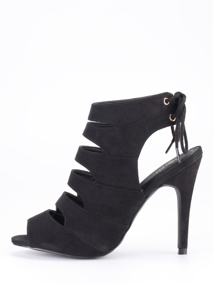 Romwe Faux Suede Caged Sling Back Heels - Black