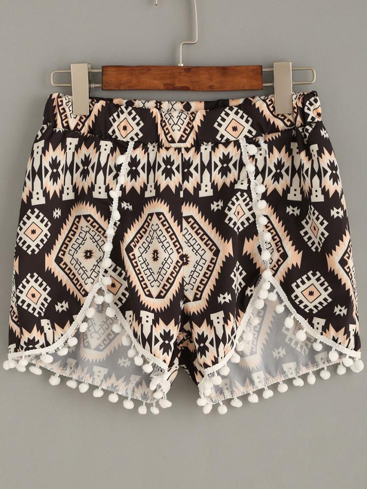 Romwe Geometric Print Pom Pom Elastic Waist Shorts