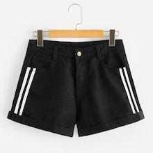 Romwe Striped Side Black Wash Cuffed Denim Shorts
