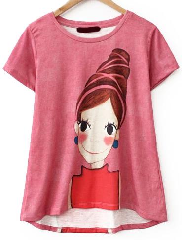 Romwe Cartoon Beauty Print Red T-shirt