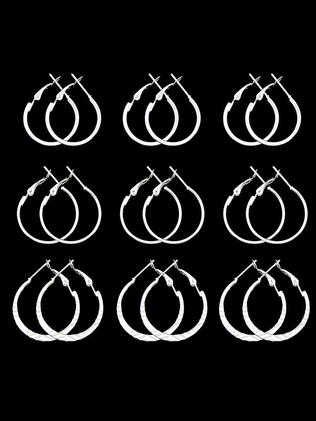 Romwe Silver 9 Pairs/set Minimalist Jewelry Geometric Circle Statement Hoop Earrings