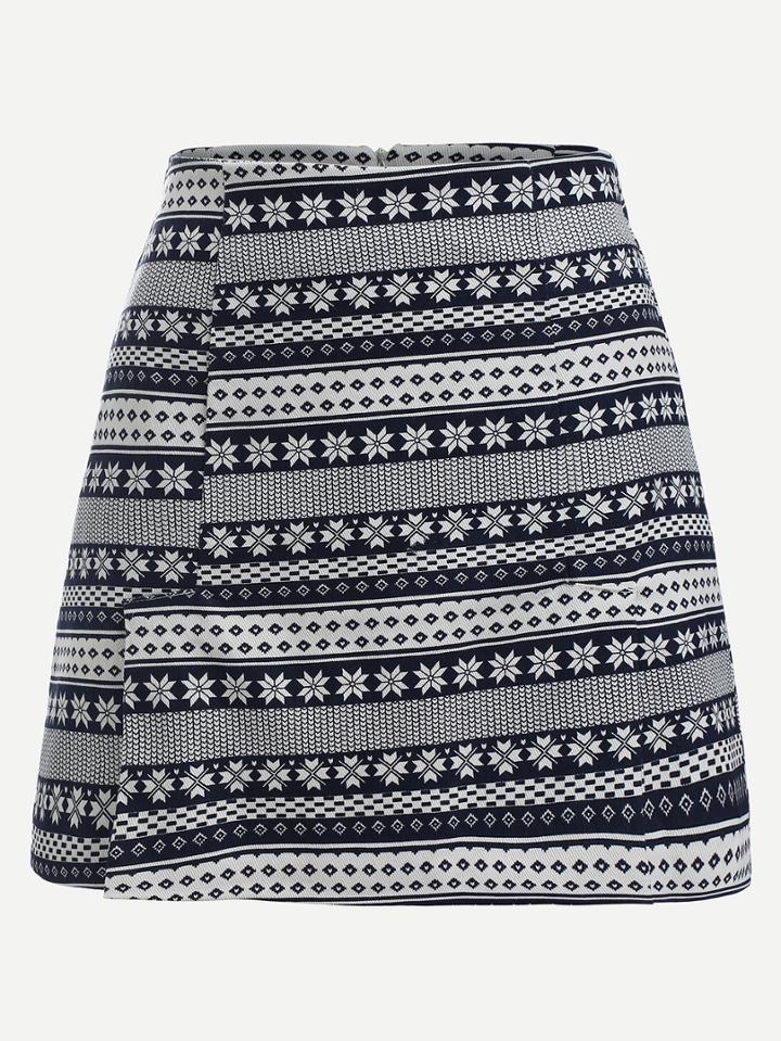 Romwe Vintage Print A-line Skirt With Zipper