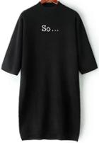 Romwe Black Stand Collar So Embroidered Split Dress